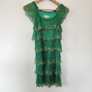 Y2K Forever 21  XXI Silk Green Ruffle Dress Small Whimsy Fairy Bohemian